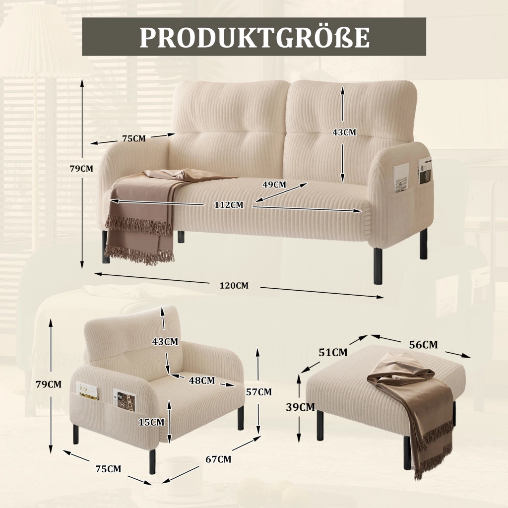 Set di Mobili da Soggiorno con Divano 2 Posti; Poltrona e Pouf Poggiapiedi; con Tasca Laterale; Velluto a Coste; Beige