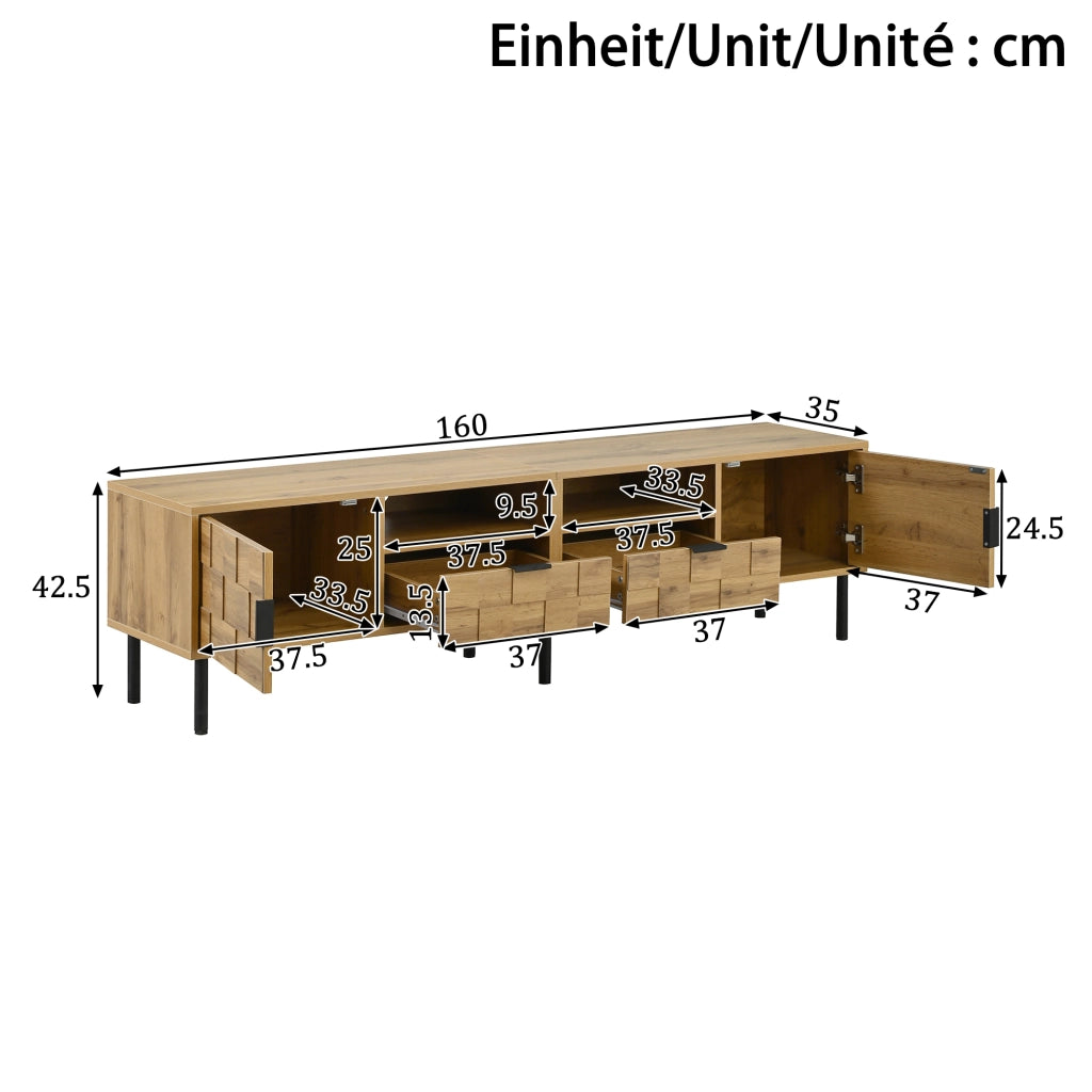 Mobile porta TV con 2 ante, 2 cassetti e 2 vani aperti, per soggiorno, in truciolare, naturale e nero 160 × 35 × 42,5 cm