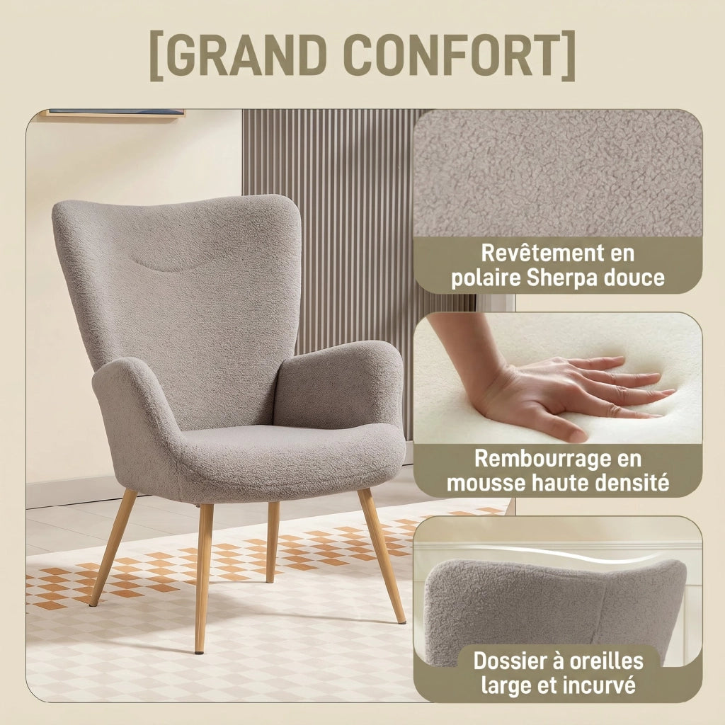 Poltrona imbottita in tessuto boucl¨¨ con schienale alto e braccioli ¨C Zephmum ¨C Grigio 71x74x97,5cm