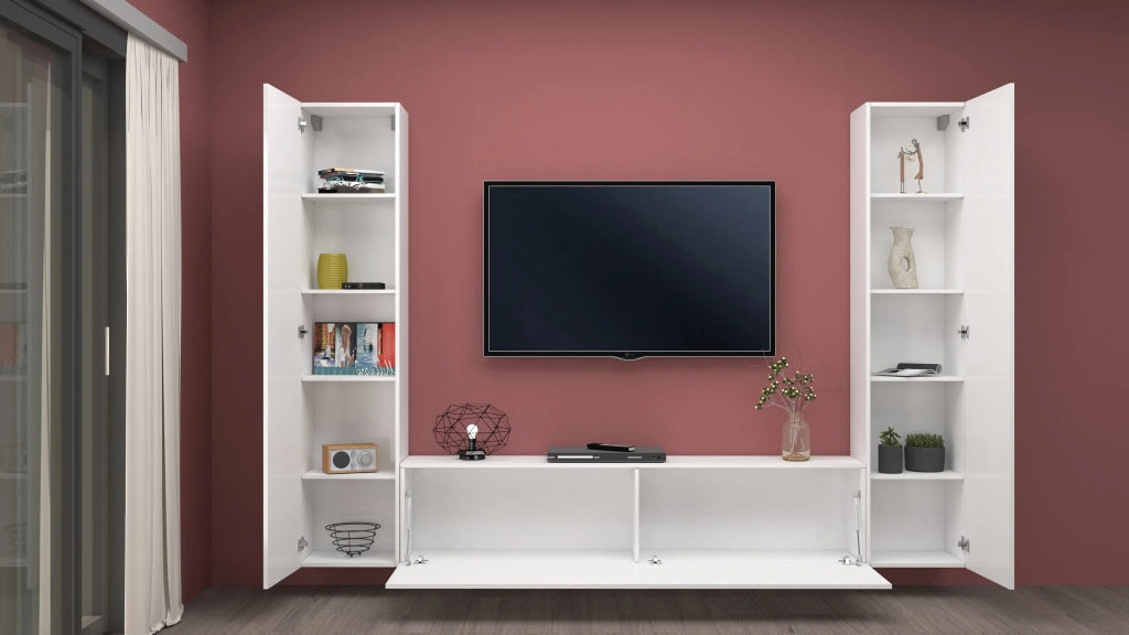 Parete attrezzata sospesa moderna bianca mobile TV 2 armadi Vibe WH