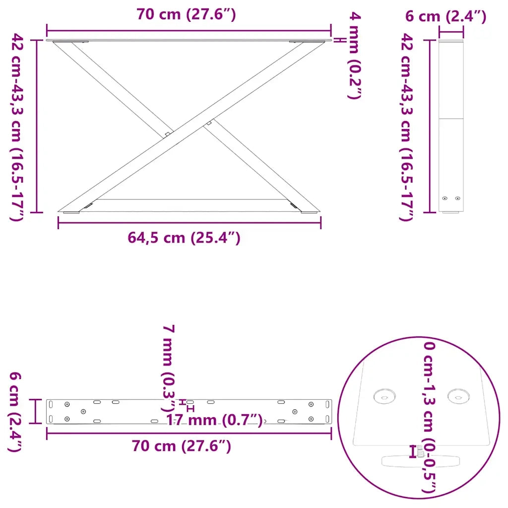 Gambe per Tavolino da Caffè 2 pz in Acciaio Naturale 70x(42-43,3) cm Acciaio 4012715