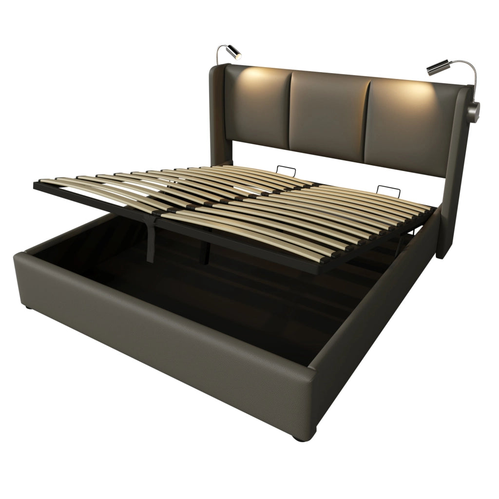Letto contenitore 160x200 cm grigio in PU con luce LED e USB