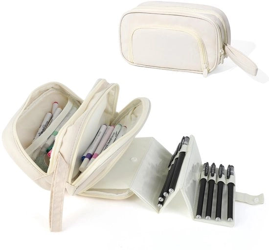 Etui grande con 3 compartimenti, estetico e semplice con impugnatura, facile da trasportare, adatto per scuola, bambini e adulti (beige)