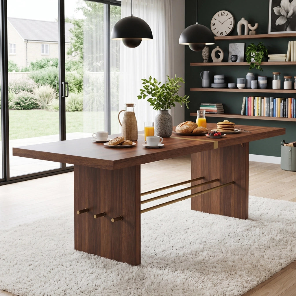 Tavolo da pranzo 180 × 75 cm in MDF, colore noce, per 6–8 persone, struttura stabile con traversa dorata