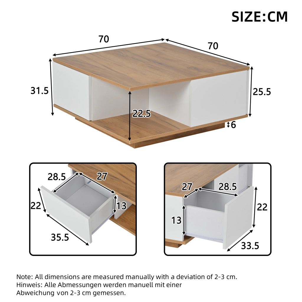 Tavolino da caffè 70x70x31.5 cm; 3 cassetti e vano aperto; pannello truciolare; bianco e colore naturale