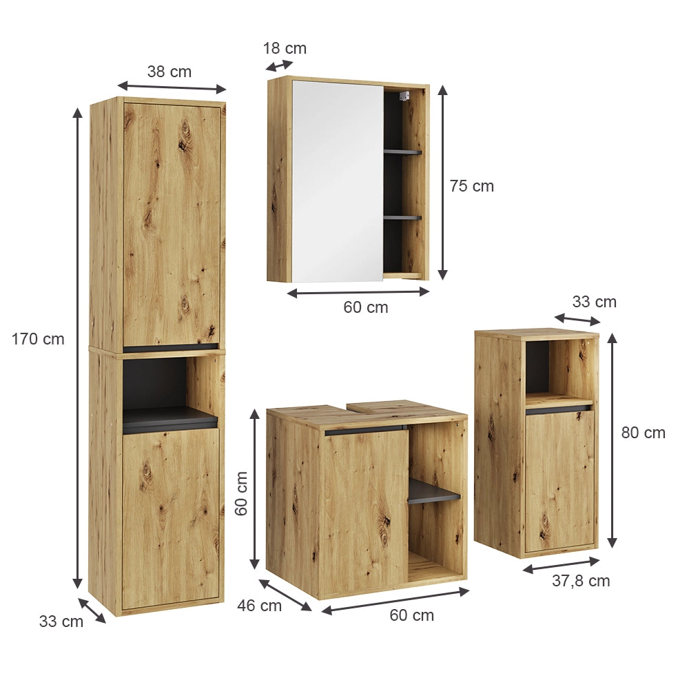 Vicco Set di mobili da bagno Artigiano/grigio 4 parti