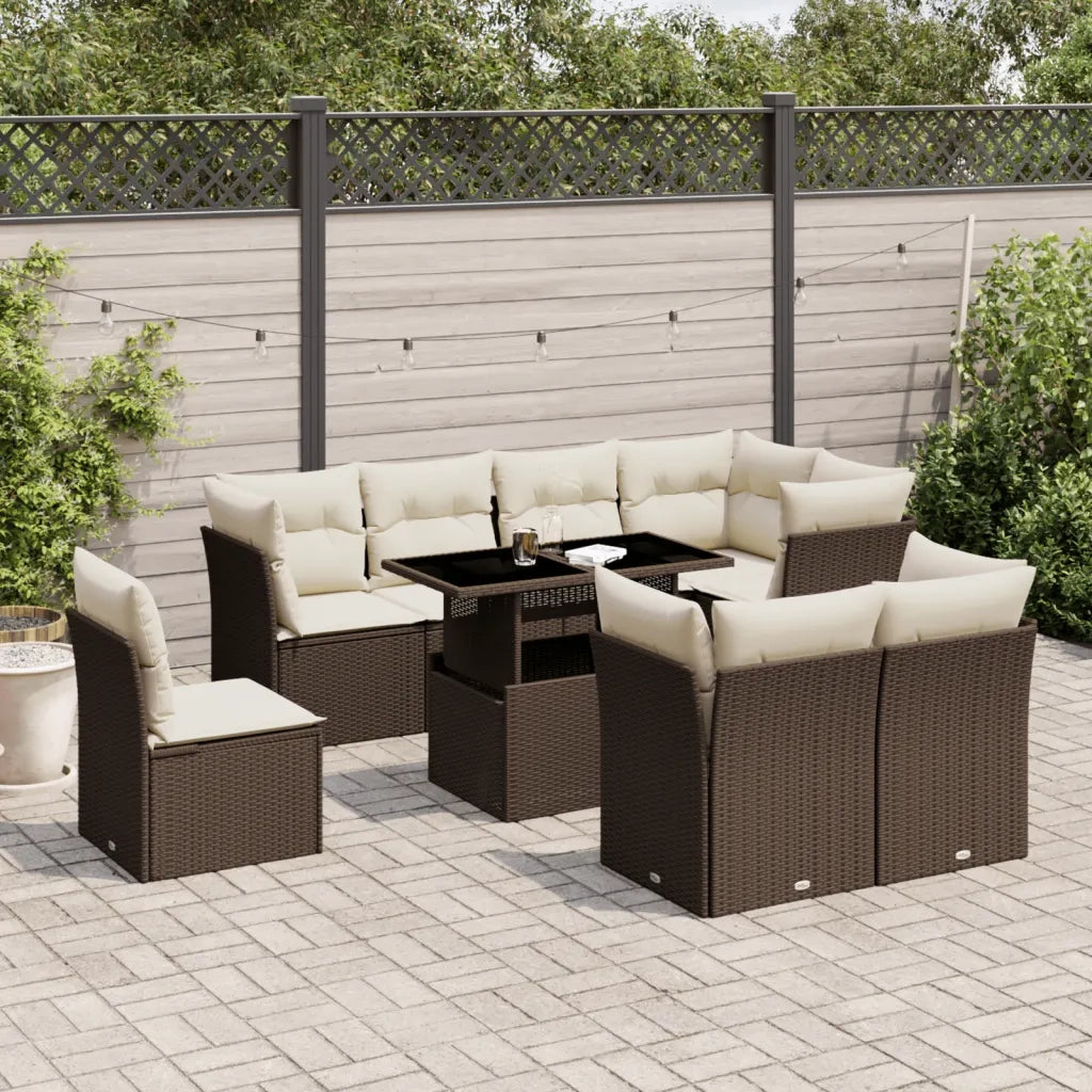 Set Divani da Giardino 9pz con Cuscini Marrone in Polyrattan