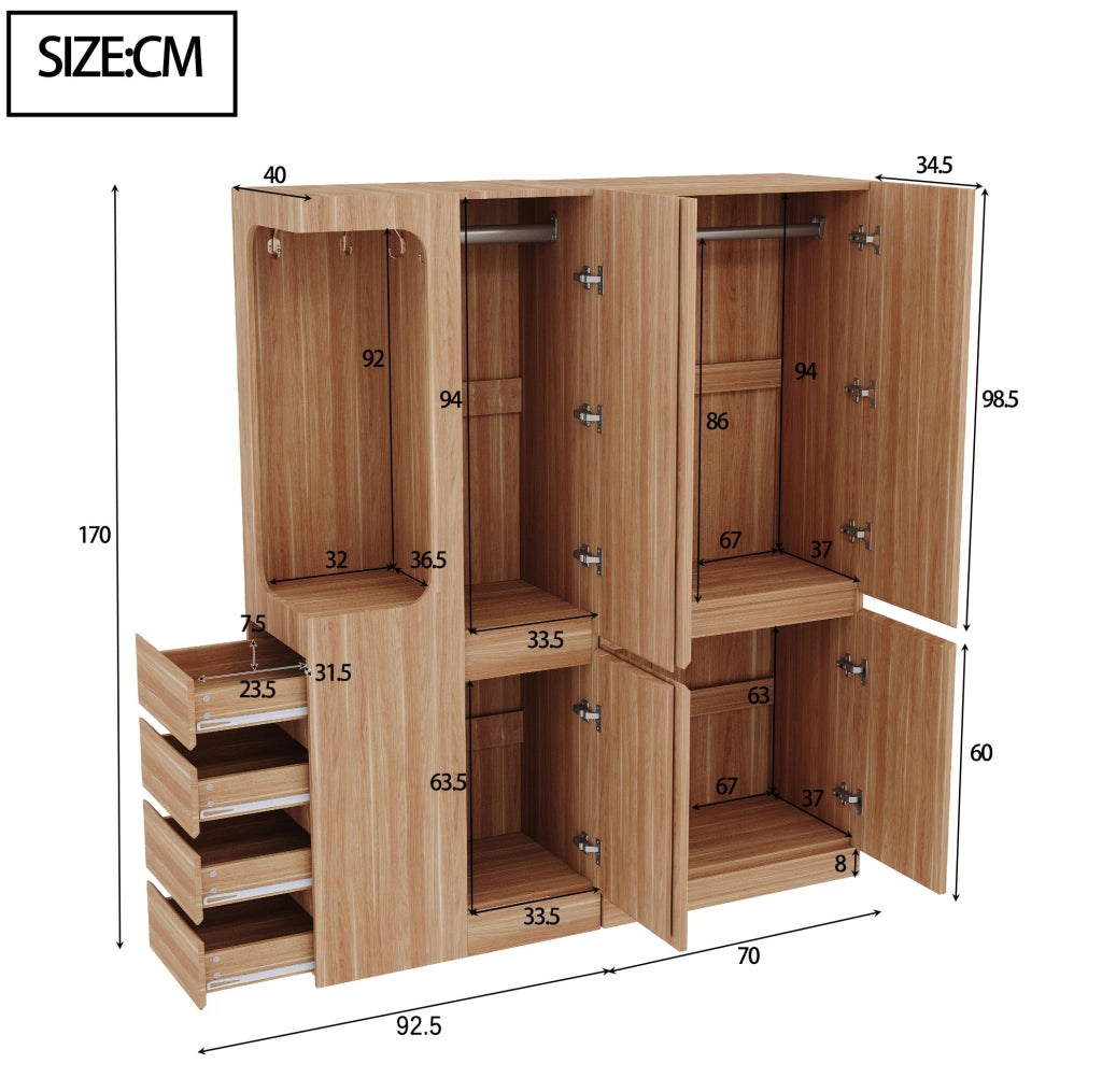 Armadio guardaroba 140 x 40 x 170 cm in legno naturale; con cassetti e scomparti
