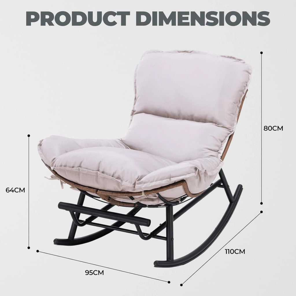 Sedia a dondolo, poltrona relax, struttura in acciaio, poggiapiedi estraibile, portata fino a 136 kg, per dormire, soggiorno, terrazza, giardino, beige