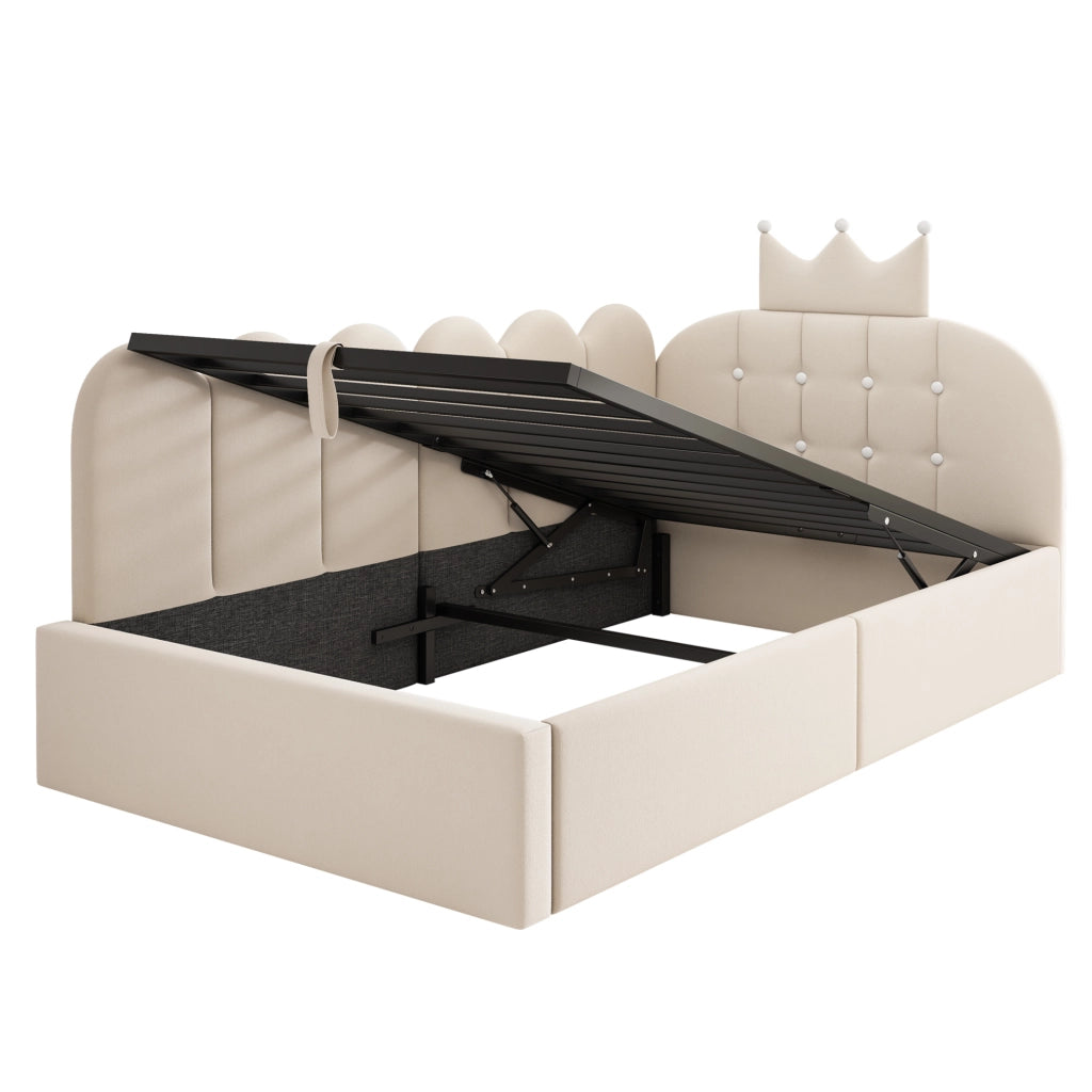 Letto da giorno contenitore 90x190 cm; design a corona e griglia; velluto beige