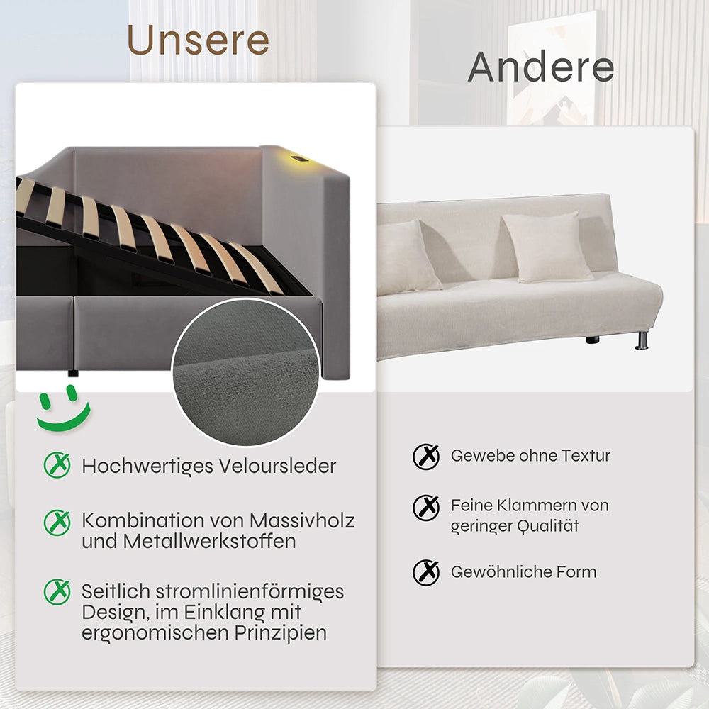 Letto a scomparsa per bambini - Xylo - 90x200 cm - Grigio - Luci notturne e ricarica USB-C