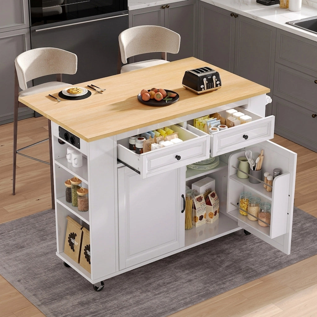 Isola Cucina Mobile con Piano Estensibile 120 cm; Porta Rifiuti; Prese USB; Ripiano Regolabile e Ruote