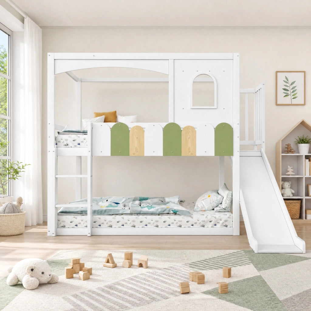 Letto a soppalco per bambini 90x200 cm con scivolo e scala; pino; compensato e MDF; bianco