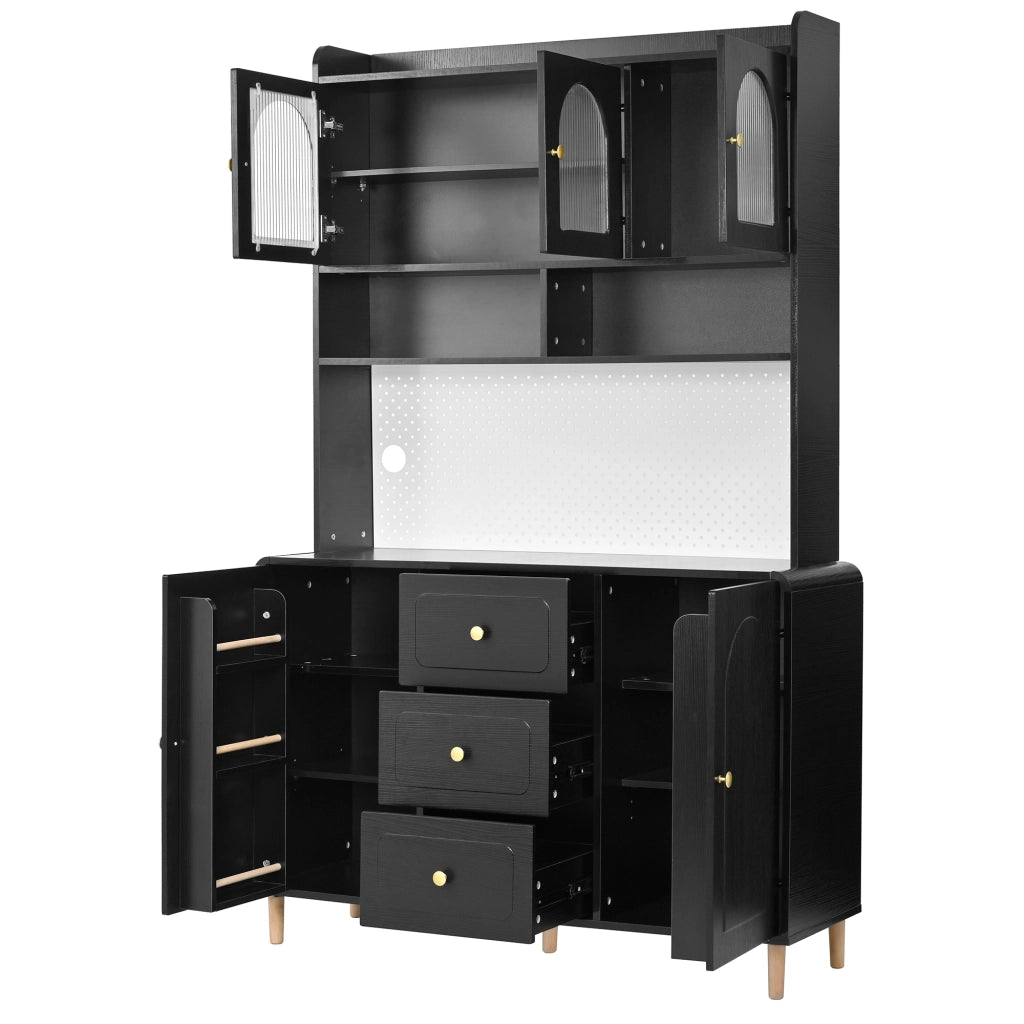 Credenza alta con pannello forato, 3 cassetti e ripiani regolabili, per cucina, in MDF nero, 120 × 40 × 190 cm