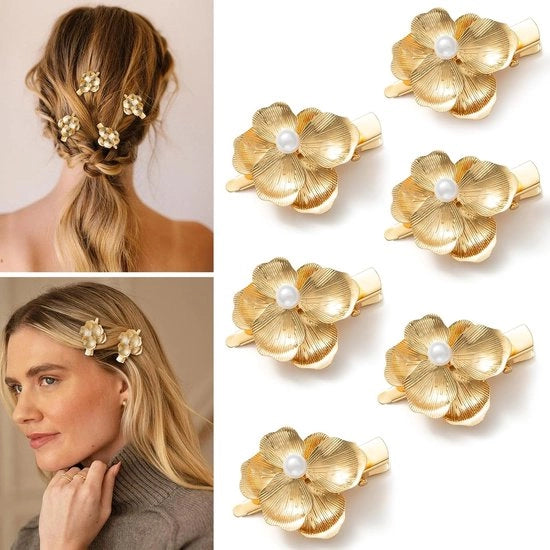 6 Pezzi di Clip per Capelli a Foggia di Fiori in Oro per Ragazze – Piccoli Ferri per Capelli con Perle, Spille per Capelli Metalliche Alligatore – Adatti per lo Stiling – Accessori per Capelli a Foggia di Fiori per Donne