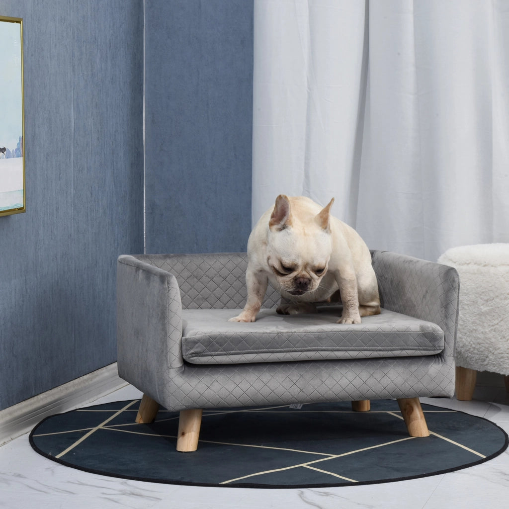 Letto per Cani e Gatti Imbottito in Velluto con Cuscino e Gambe in Legno ¨C zephmum ¨C Grigio Scuro 64x45x36 cm