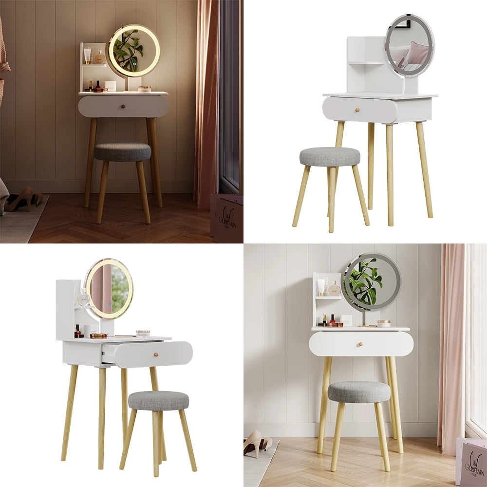 Vicco Tavolino da toilette Bianco 60 cm con specchio LED e sgabello