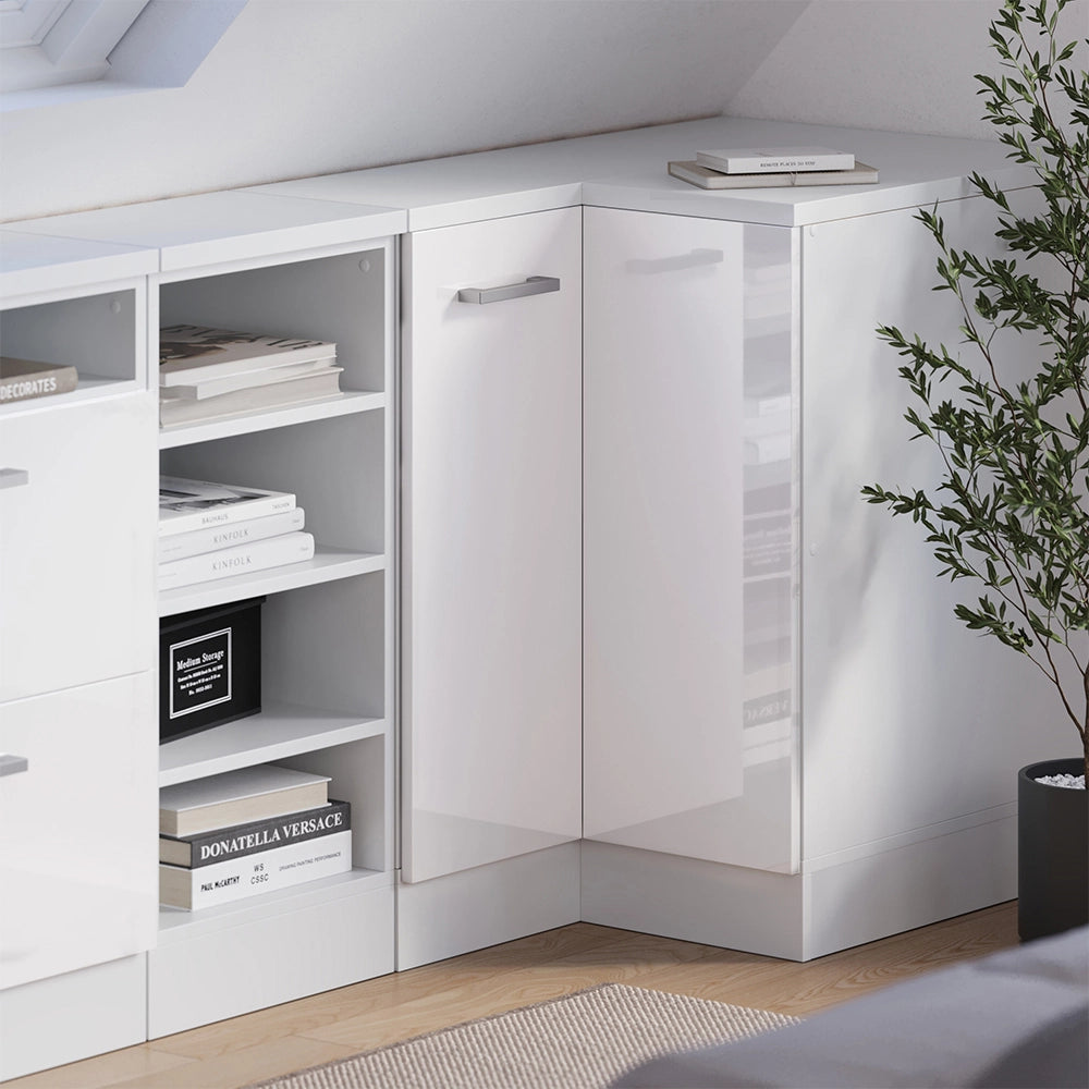 Mobile cucina angolare per sottotetto R-Line Bianco lucido/Bianco 75.6 cm con 1 porta, carcassa dell’armadio profondità 60 cm Vicco