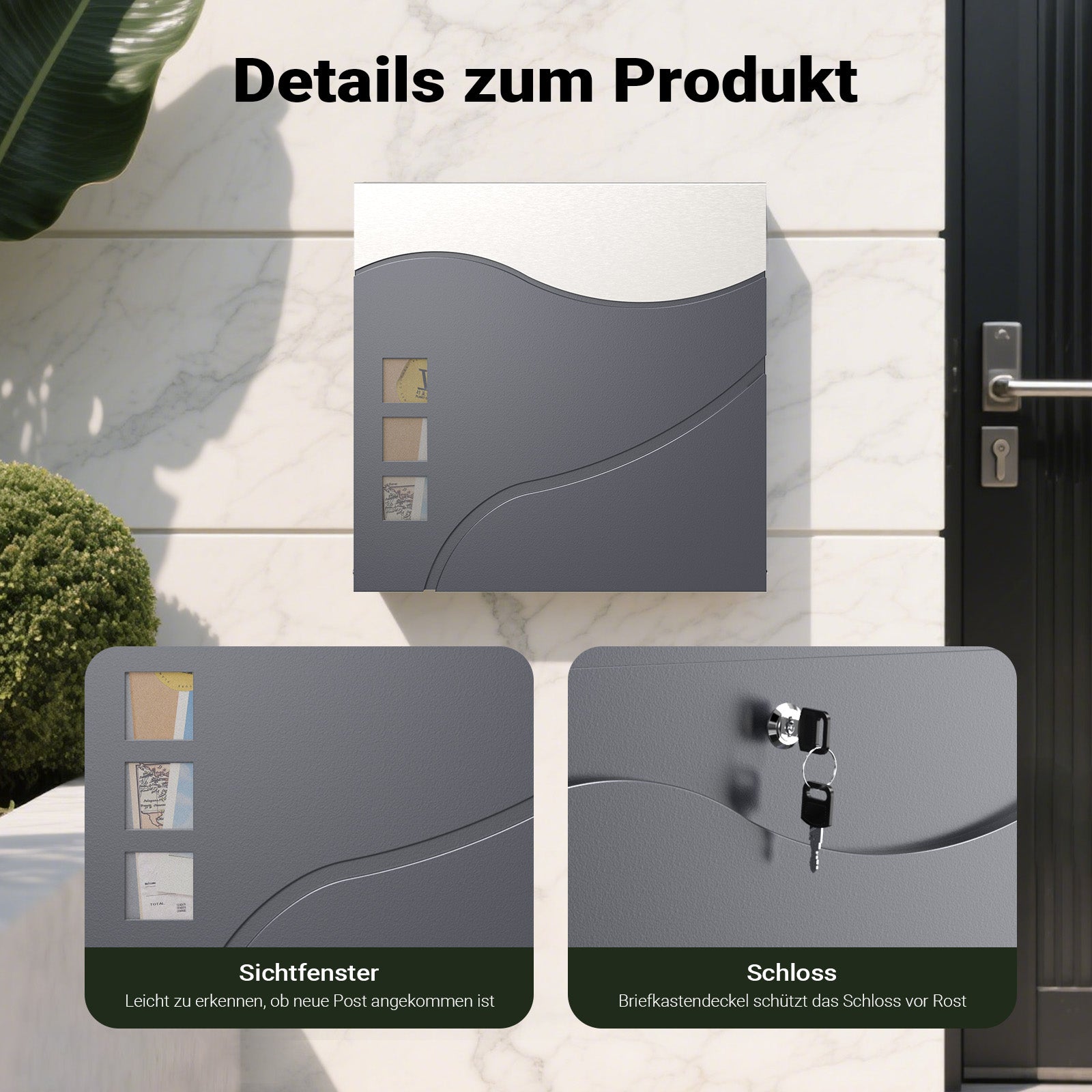 Cassetta postale con vano portagiornale V28 antracite e acciaio inox 370 x 102 x 370 mm