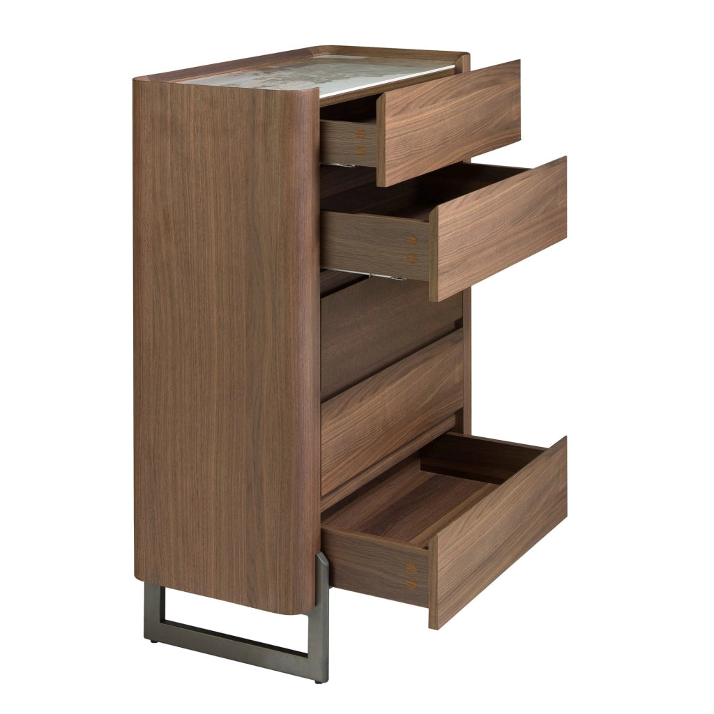 Chiffoniera in noce e acciaio scuro metallizzato con piano in marmo porcellanato