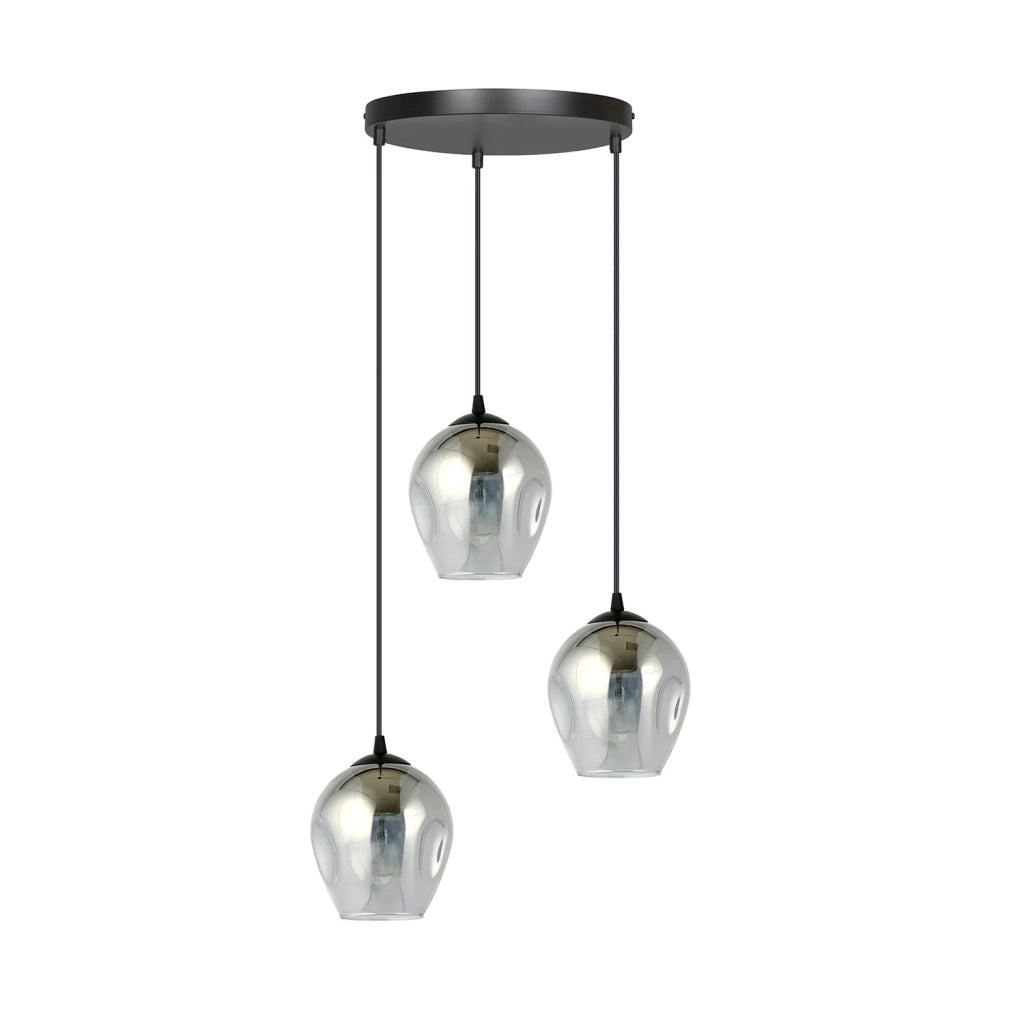Lampadario 3 Luci Fuxi Base Tonda In Acciaio Nero E Vetri Fumè