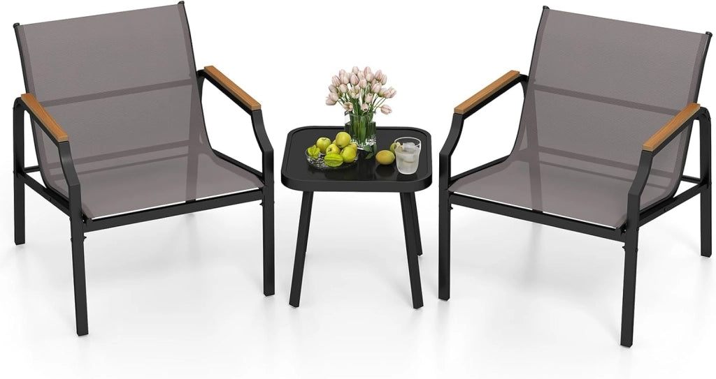 Set di 3 mobili da giardino con struttura in metallo stabile e tessuto traspirante, set da giardino con 2 sedie e tavolo, set da salotto per terrazza e balcone