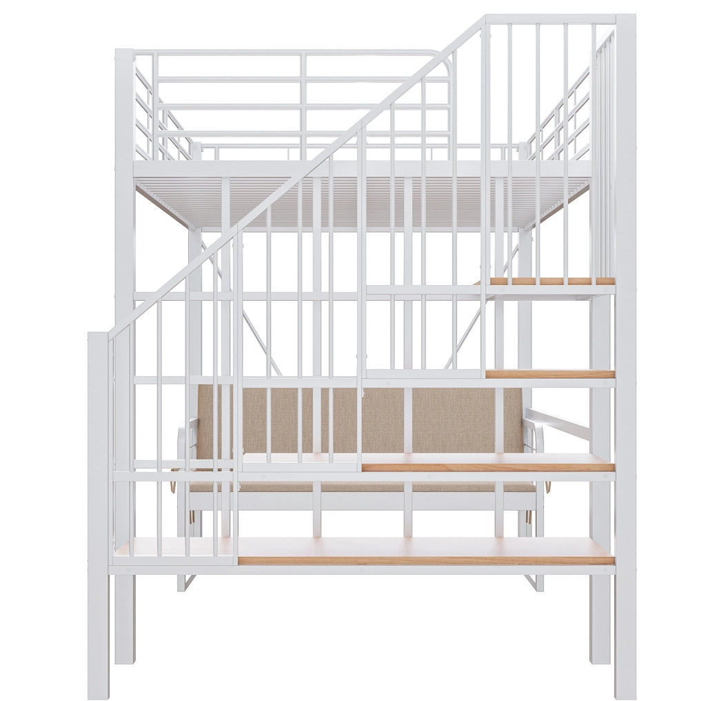 Letto a castello 140x200 cm in metallo e MDF; con divano imbottito removibile e scala contenitore bianco