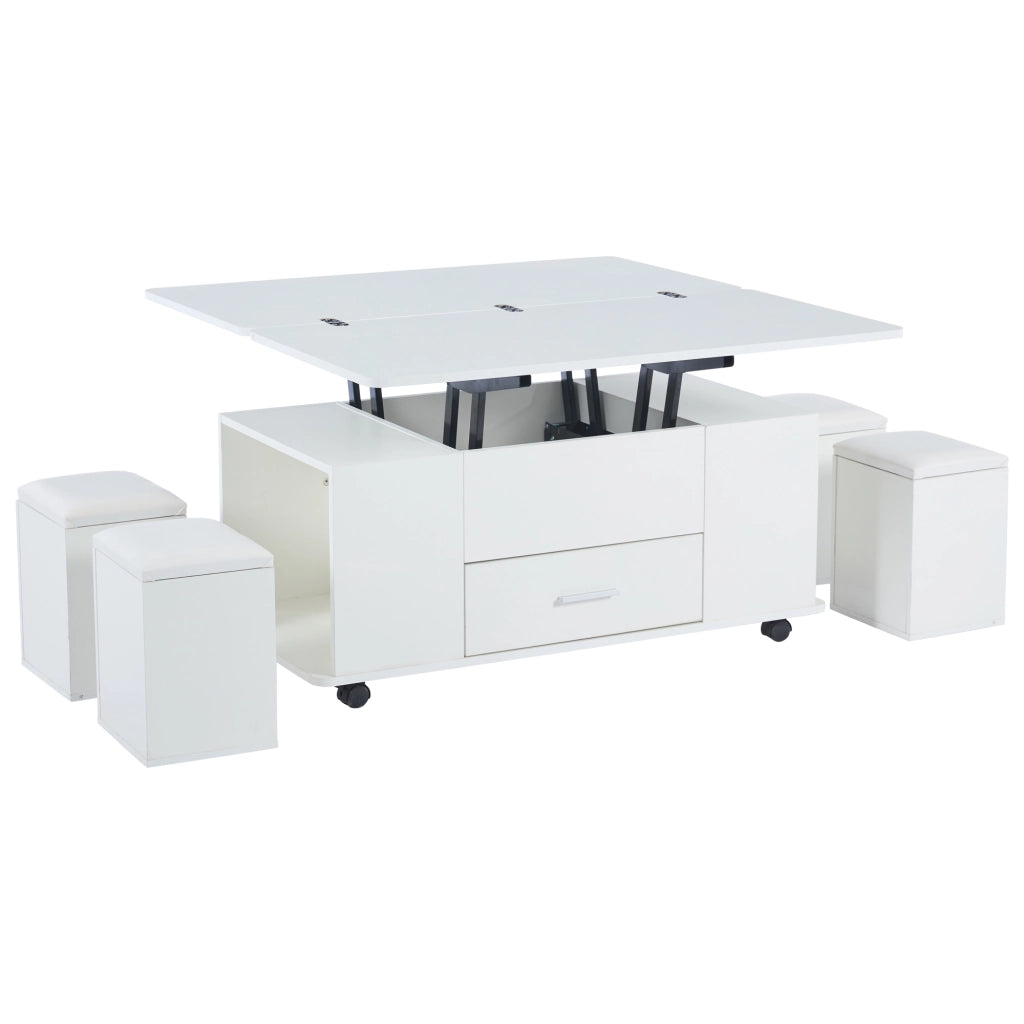 Tavolino da Caffè Sollevabile con 1 Cassetto e 4 Sgabelli Contenitore; Doppio Piano Idraulico; Stile Moderno; in Pannelli Truciolari; Bianco