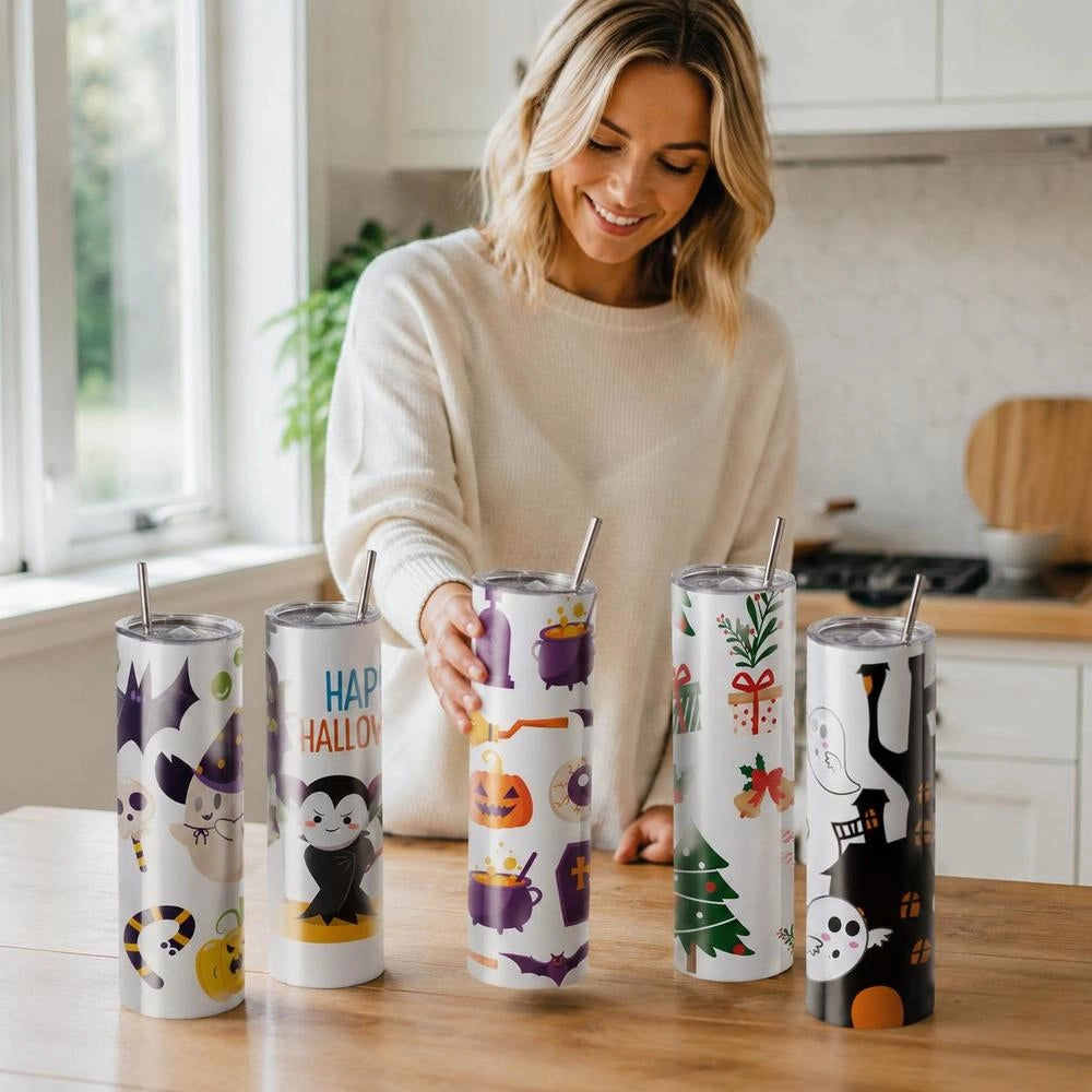 Pack Of 8 Straight Sublimation Cups, 887 Ml Blank Cups, Stainless Steel Double-wall Cups With Straw, Lid, Brush, Base, Shrink Film, Gift Box, For Heat Press & Heat Transfer