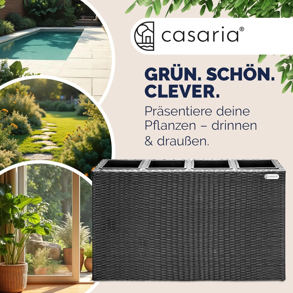 Fioriera Rettangolare 95x27x60 cm con 4 Vasi Interni in Polyrattan con Sistema di Drenaggio Fioriere Porta Vaso da Fiori Piante Divisorio Giardino Balcone Terrazza Nero