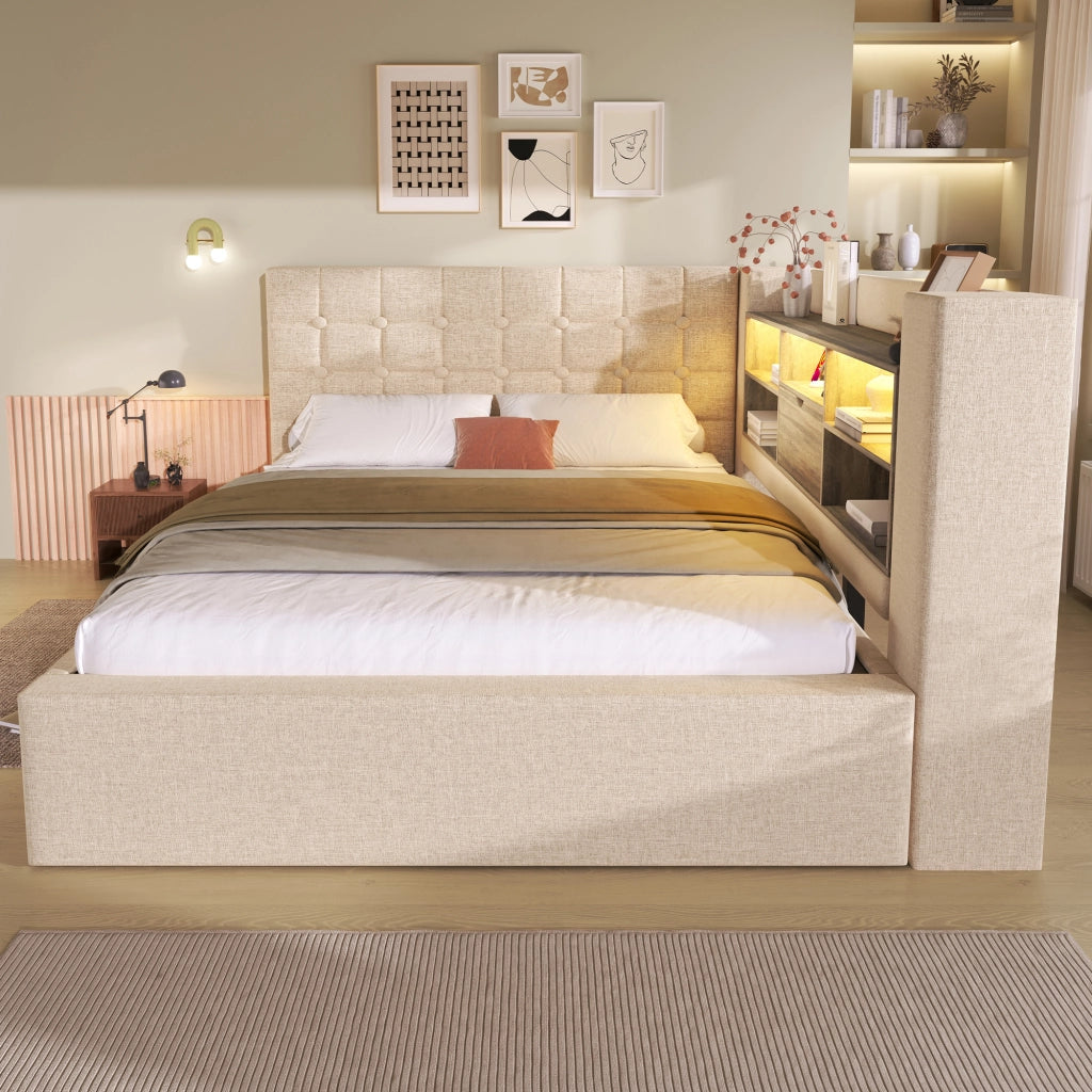 Letto matrimoniale con LED, contenitore idraulico e porte USB, testiera a L reversibile in lino beige 140 × 200 cm