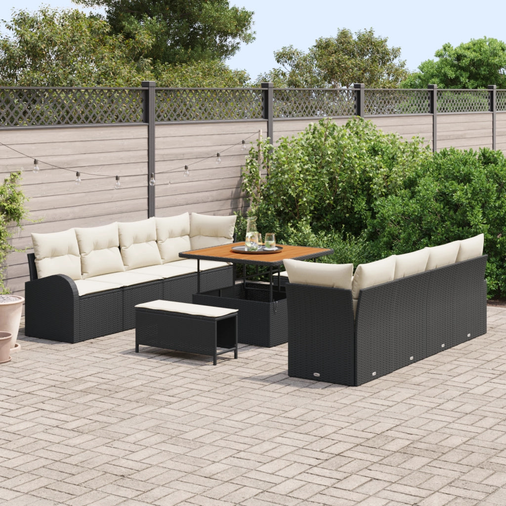 Set Divano da Giardino  11 Pezzi con Cuscini Nero Polyrattan Acacia