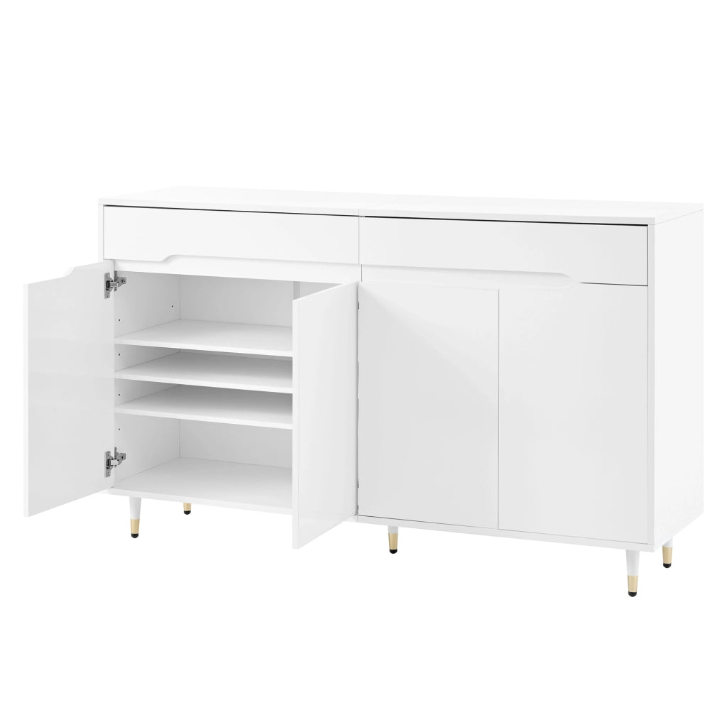 Scarpiera con due cassetti e ripiani regolabili in truciolato bianco con gambe dorate 140 × 39 × 84 cm