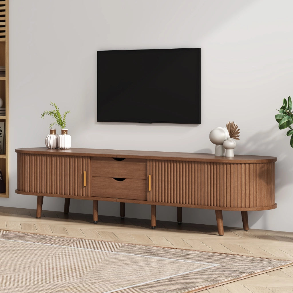 Mobile tv con 2 cassetti e 2 ante scorrevoli; piedini in legno regolabili; per soggiorno; in mdf; noce; 170 Ã— 40 Ã— 42 cm