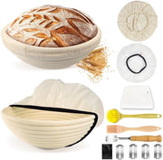 Set di impastamento per pane con spatola a forma rotonda 23cm - Impastaplastico - Spatola per impasto - Set con guanti di protezione - Fatto a mano con rattan