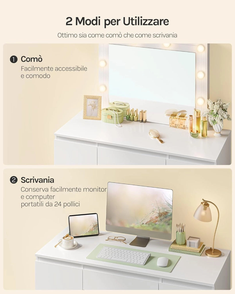 Toeletta da Trucco, con Specchio e Luci LED, Luminosità Regolabile, Tavolo da Trucco, con 7 Cassetti, Postazione Make Up, 107x39,5x140,5cm, Cassettiera in Legno, Bianco, MB6099ws
