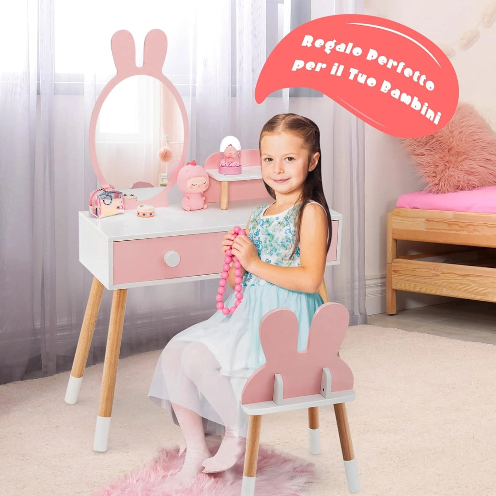 Toeletta Trucco 2 in 1 per Bambina, Specchiera a Forma di Coniglio Staccabile per Ragazza in Legno con Sgabello, Ripiano e 2 Cassetti, Postazione Trucco, 78 x 37 x 110cm (Rosa)