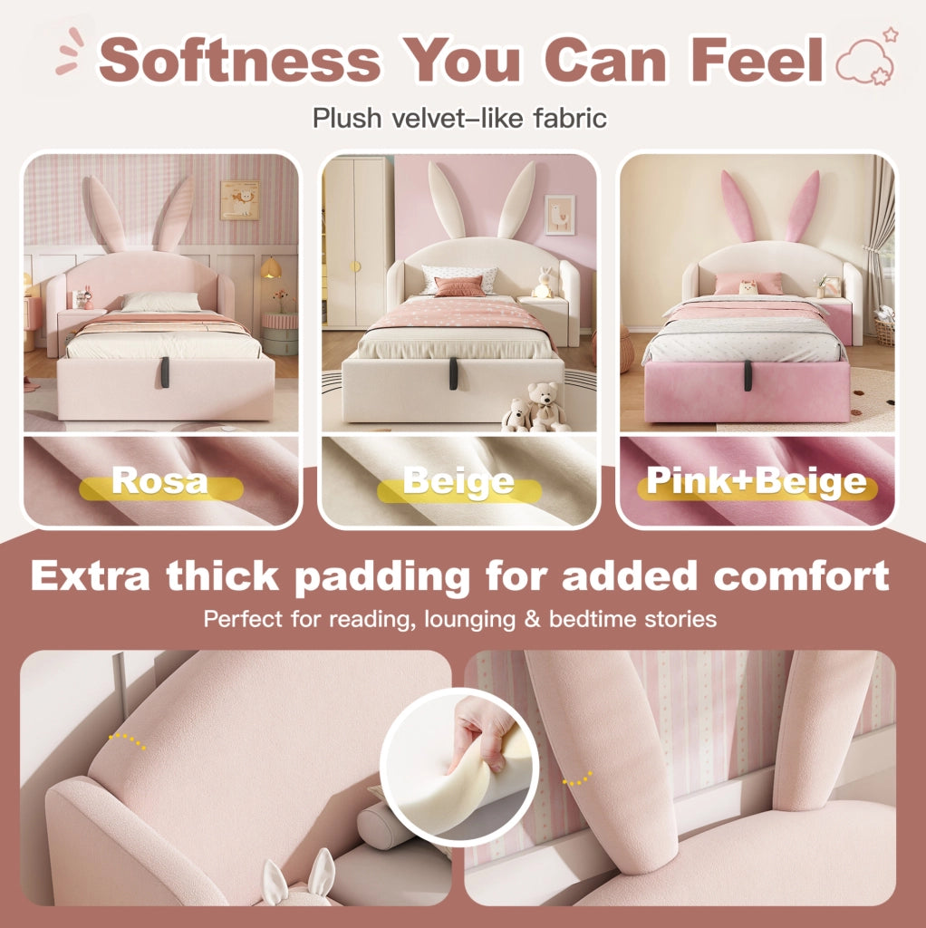 Letto imbottito per bambini 90x200 cm in velluto rosa con comodino contenitore e rete a doghe
