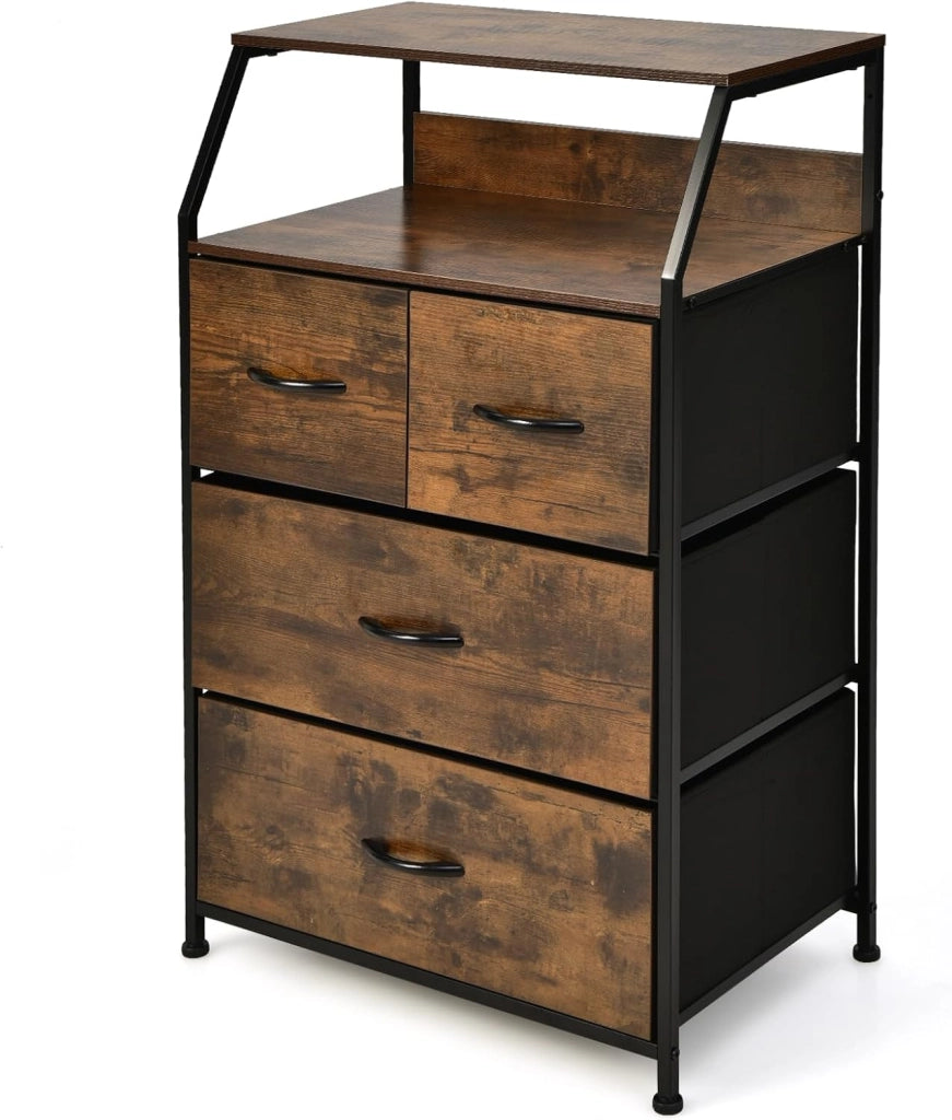 Cassettiera a 4 Cassetti con Ripiano, Mobile da Terra con Telaio in Metallo e Cesti in Tessuto, Mobile Stile Industriale per Soggiorno, Ingresso, Camera da Letto, 60 x 39 x 96 cm