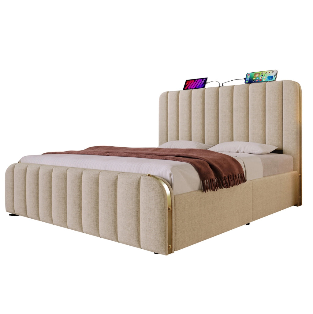 Letto matrimoniale imbottito 180x200 cm in lino beige con contenitore; USB e porta Type-C