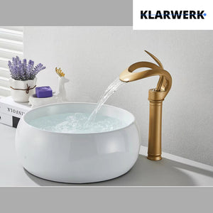 NAVIS | Rubinetto a cascata design bagno alto oro opaco | Elegante rubinetto in acciaio inossidabile premium per lavelli alti | Miscelatore 2 attacchi