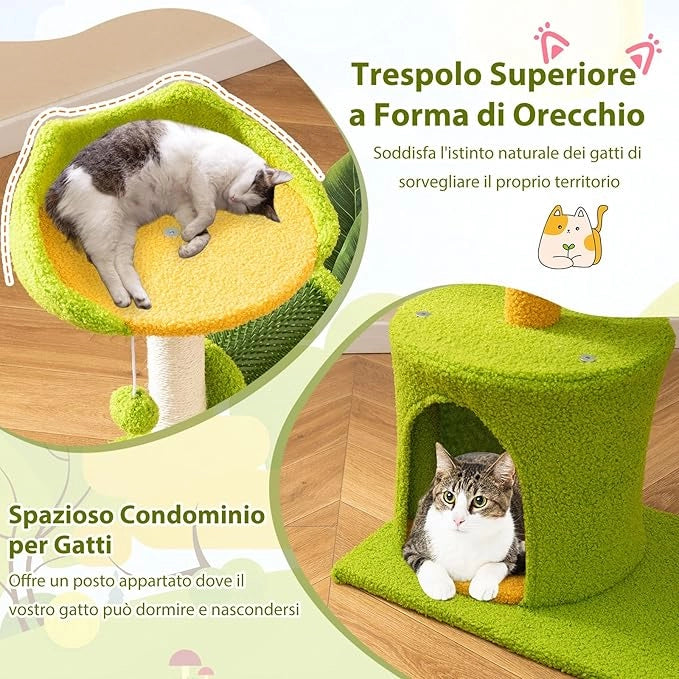 Albero per Gatti da Interno, Albero Tiragraffi con Foglie Artificiali, Condominio, Trespolo, Tiragraffi in Sisal, Autopulente e Pompon in Peluche, Tiragraffi per Gatti a Tema di Foresta