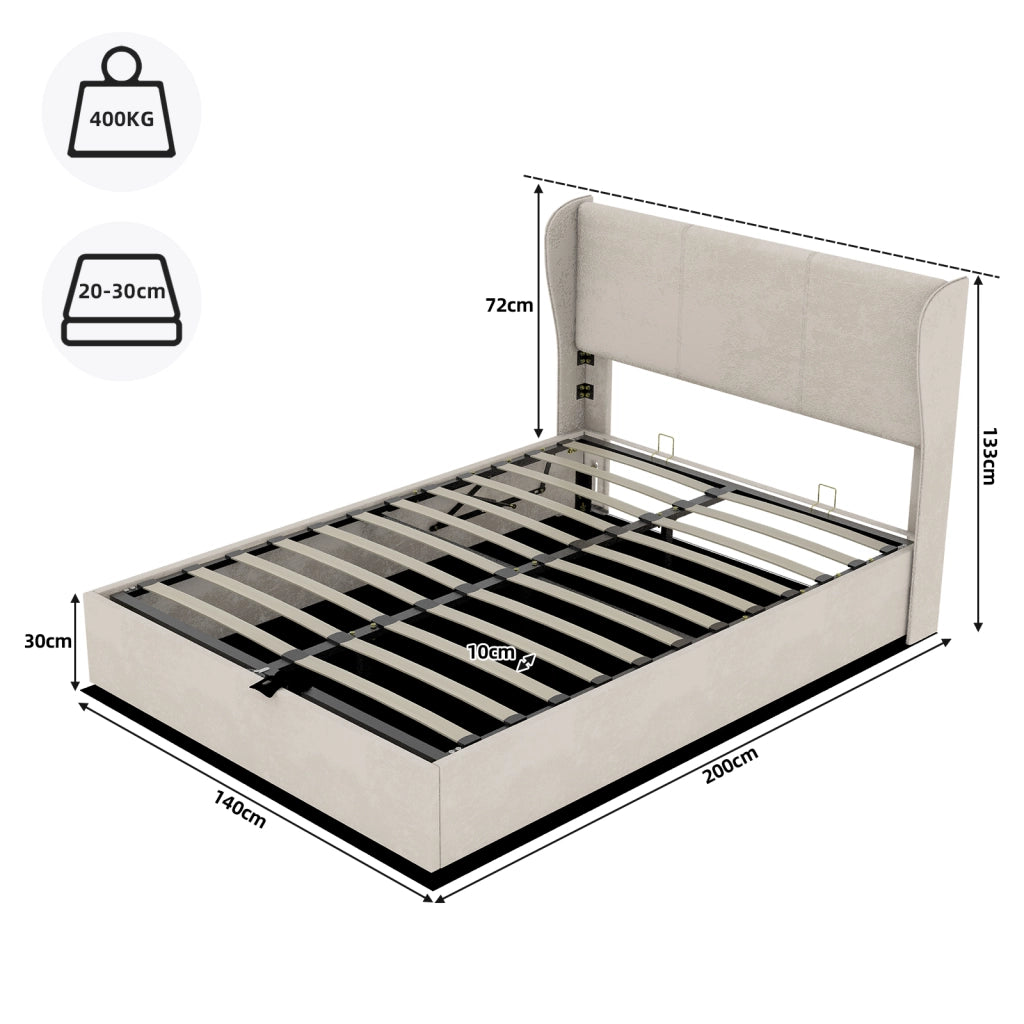 Letto Contenitore Imbottito ¨C MINIMAL ¨C Beige 140x200 con Testiera e Meccanismo Idraulico