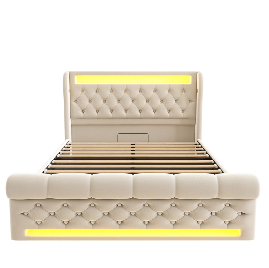 Letto matrimoniale imbottito ULEVR 140x200 cm con contenitore idraulico, LED, USB e Type-C, velluto beige