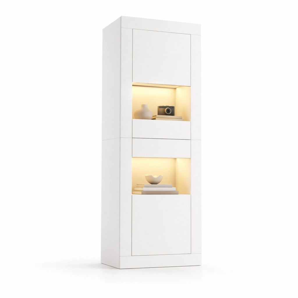 Vetrina con 2 ante; 2 ripiani regolabili e LED - per soggiorno - 61x42x162 cm - bianco