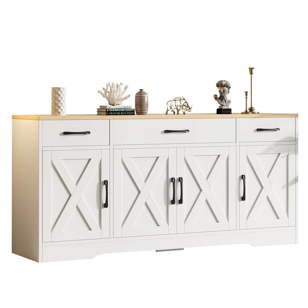 Credenza 160x37x75 cm bianca in MDF, 3 cassetti e 4 ante