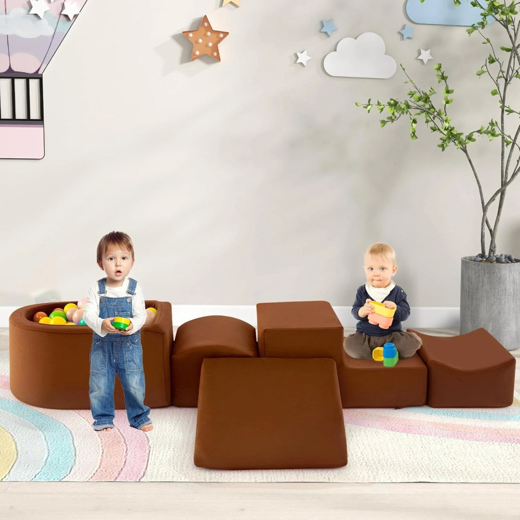 Set di 5 Pezzi Gioco in Schiuma, Blocchi con Piscina di Palline per Bambini, Coperture Lavabili con Cerniere, Blocchi Creativi per Stanza di Giocattoli, Camera da Letto (Marrone)