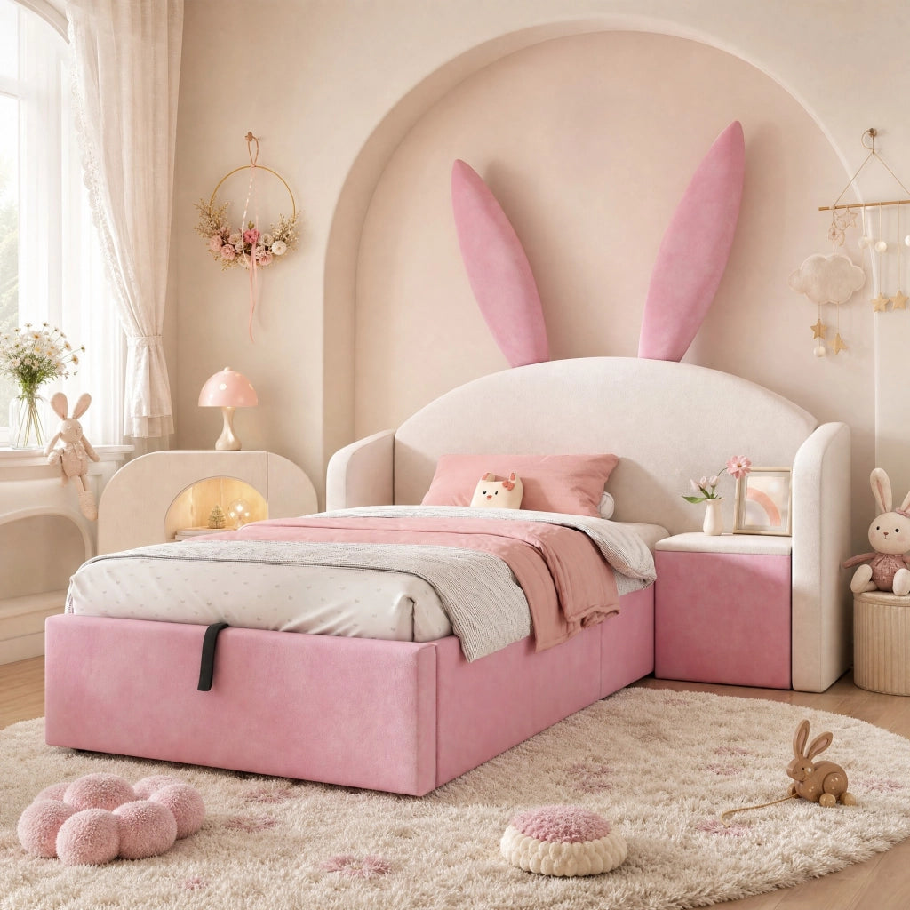 Letto per bambini 90x190 cm in velluto con testiera con orecchie, comodino contenitore e spazio salvaspazio