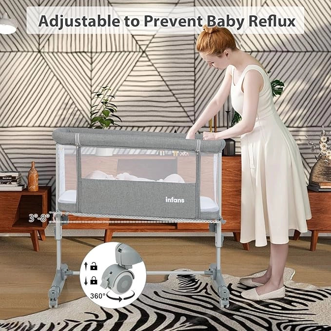3 in 1 Culla Neonato Fianco Letto, Lettino Neonato Dondolo con Materasso, Culla Co-Sleeping Fino a 9 kg, Altezza Regolabili, 84 x 59,5 x 80,5cm (Grigio)
