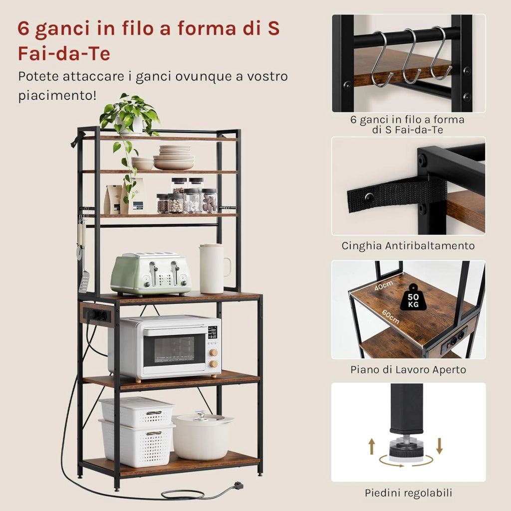 Scaffale da Cucina a 6 Livelli con Prese di Corrente, Scaffale per Microonde con Struttura in Metallo e Piano di Lavoro Aperto, Nero+Marrone Rustico, 80x39,5x167cm